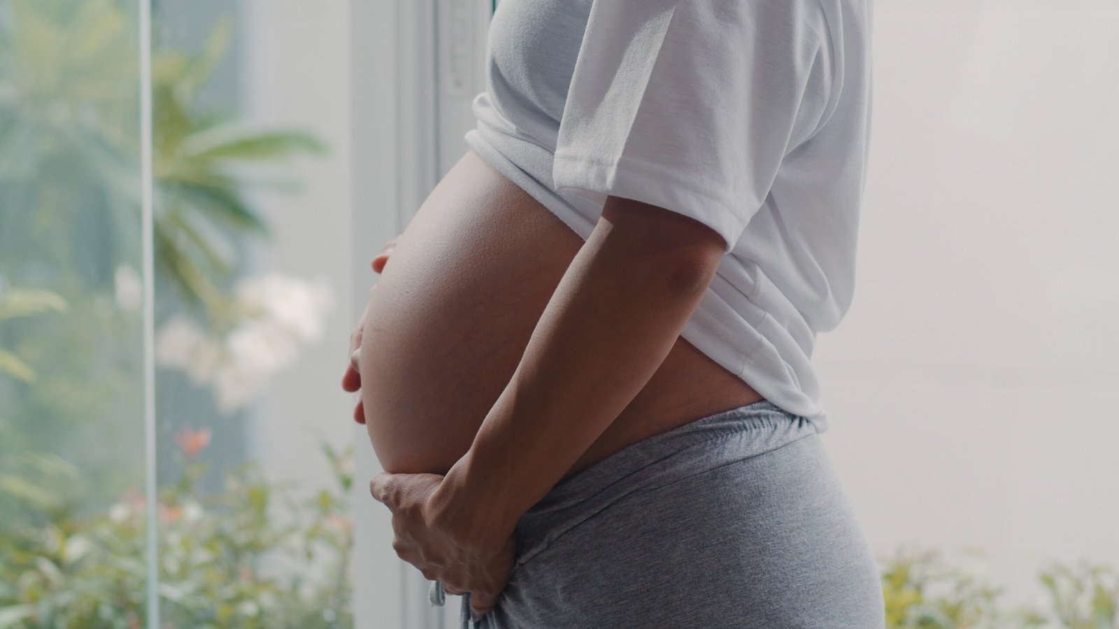 Mulher gravida que esta dando carinho a sua barriga perto da janela da sala de estar em casa